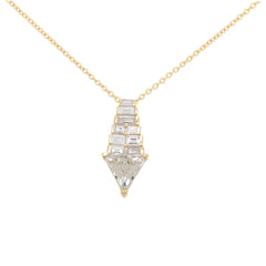 Gold necklace with a multiple white topaz stone that form an arrow shape