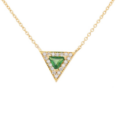 Gold necklace with a green gemstone triangle pendant on a white background