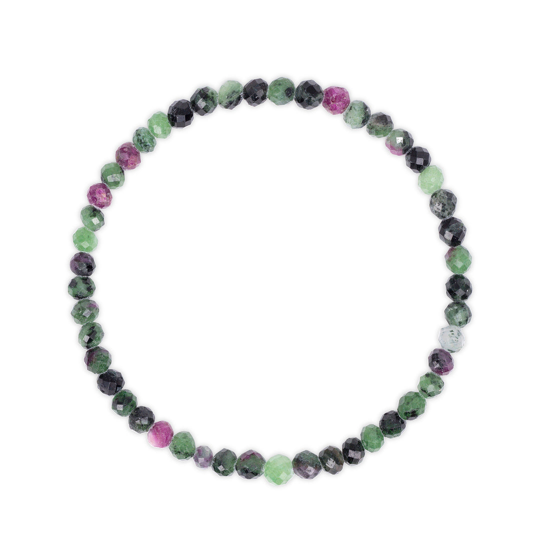 Multicolored with greens and pinks and black Ruby Zoisite beaded bracelet on a white background