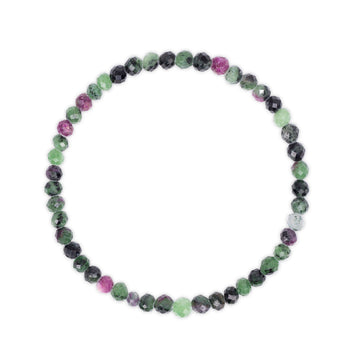 Multicolored with greens and pinks and black Ruby Zoisite beaded bracelet on a white background