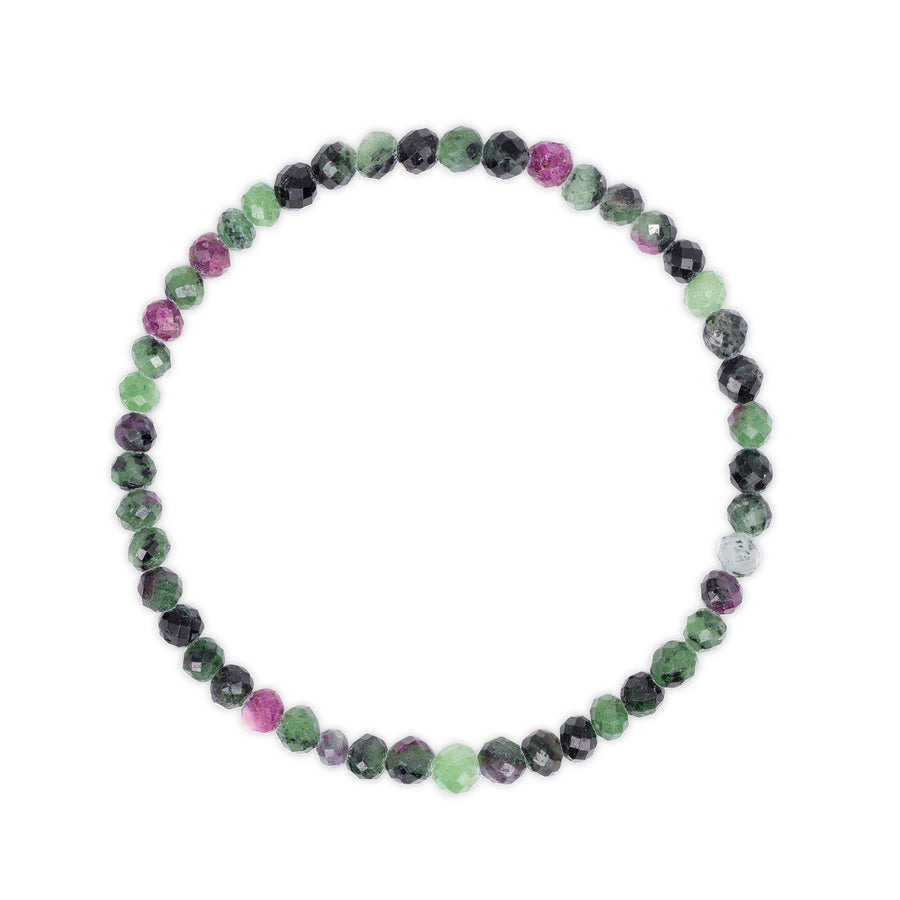 Multicolored with greens and pinks and black Ruby Zoisite beaded bracelet on a white background