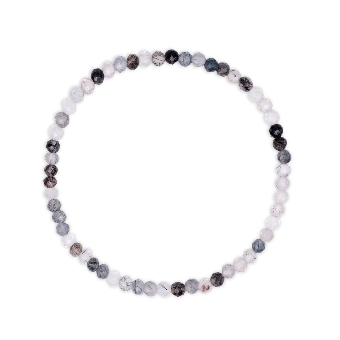 Bracelet with multicolored  white and black faceted beads with rutile inclusions visible on a white background