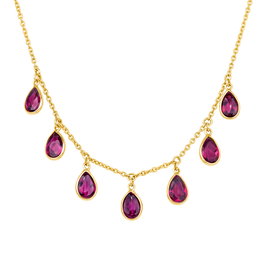 Gold necklace with wine colored teardrop-shaped gemstones on a white background