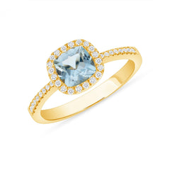 Yellow gold ring with a cushion-cut Aquamarine bezel-set in diamonds.