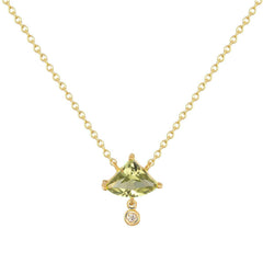 Trillion-cut Peridot pendant with bezel-set diamond drop on 18k gold chain