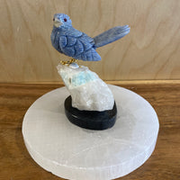 Blue bird figurine on a crystal base with a wooden background