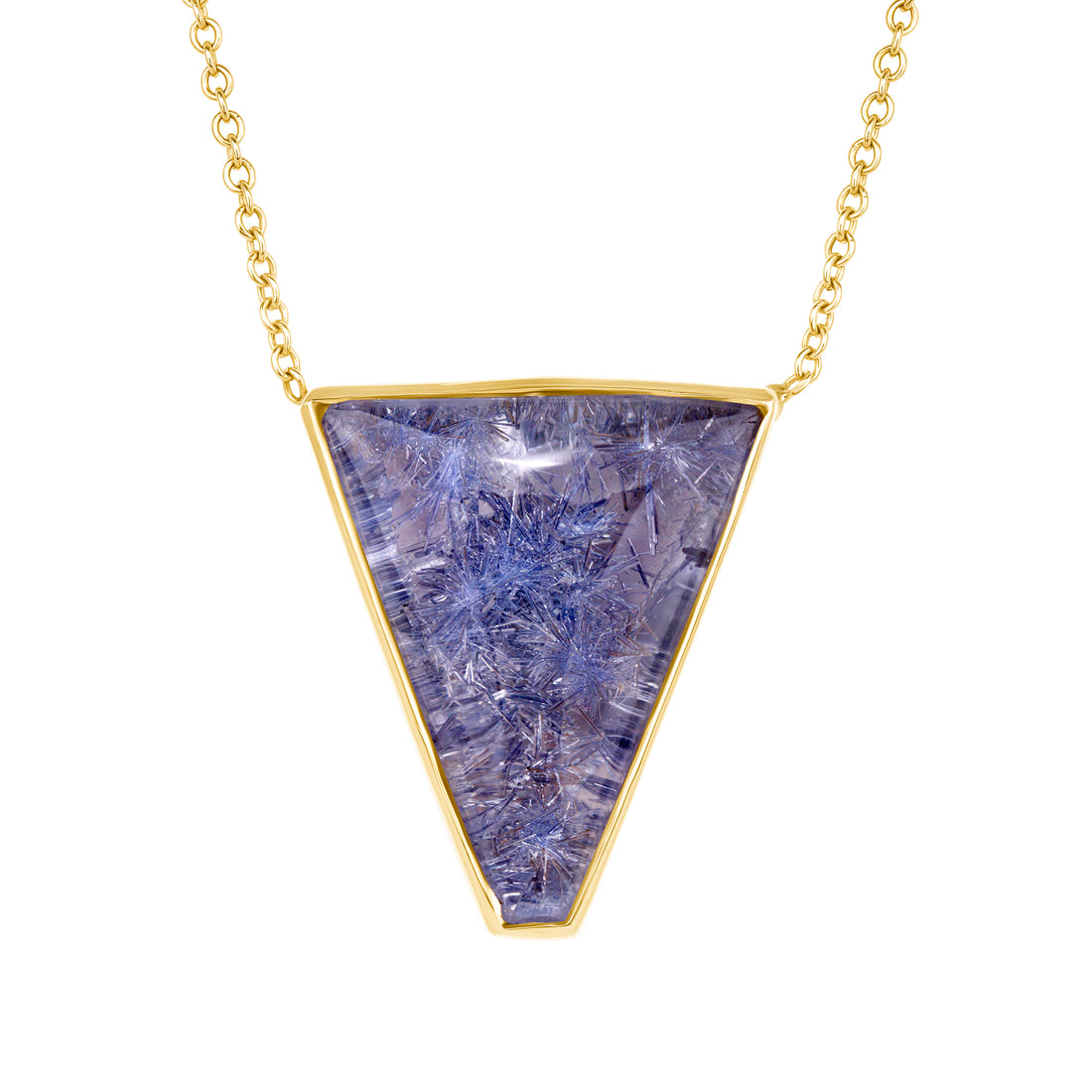 Triangle-shaped blue purple stone pendant on a gold chain against a white background