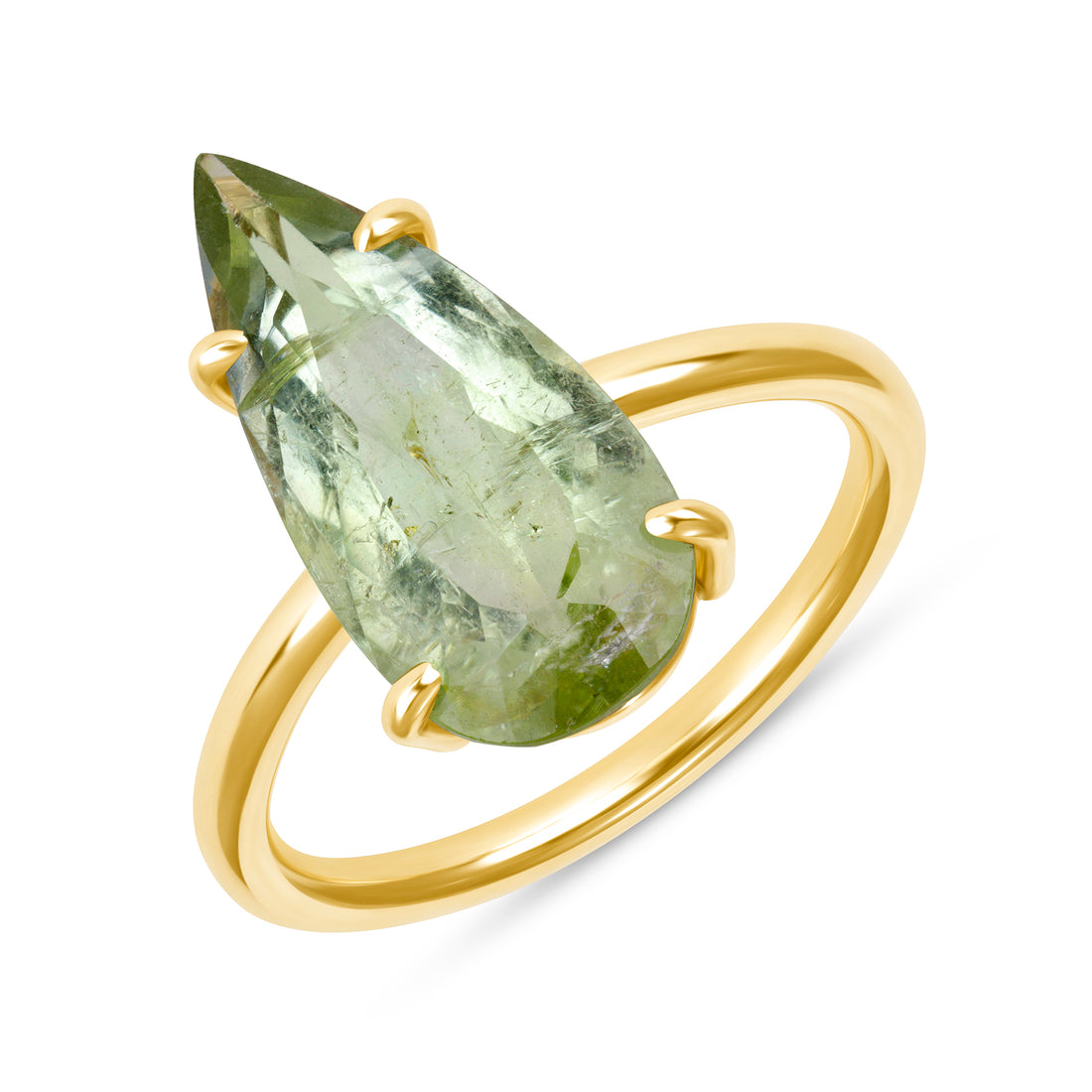 Gold ring with a pear shaped green tourmaline gemstone on a white background