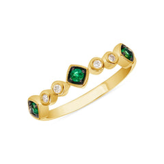 gold ring 3 cushion cut emeralds separated by 4 small round diamonds
