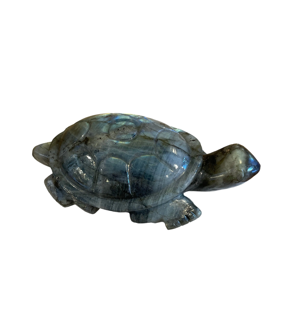 Blue stone turtle figurine on a white background