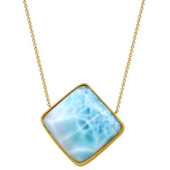 Necklace with a square blue pendant on a gold chain against a white background