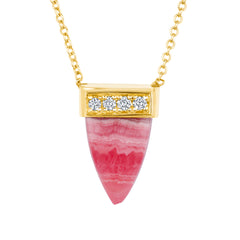 triangular rhodochrosite pink and blush natural striations hung from a gold chain with gold and diamond cap