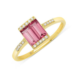 A gold ring featuring a pink tourmaline gemstone with surrounding diamonds, set in a gold band.