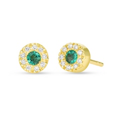 A pair of emerald and diamond stud earrings in 18k gold.
