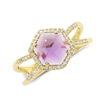 double band gold ring with hexagonal center stone in Amethyst surrounded by diamonds