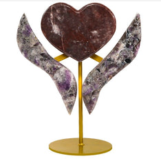 Jasper Heart with  Amethyst Agate Wings on stand 