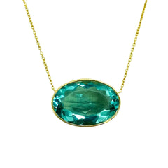 gold necklace with bright teal oval-shaped, bezel-set faceted fluorite gemstone